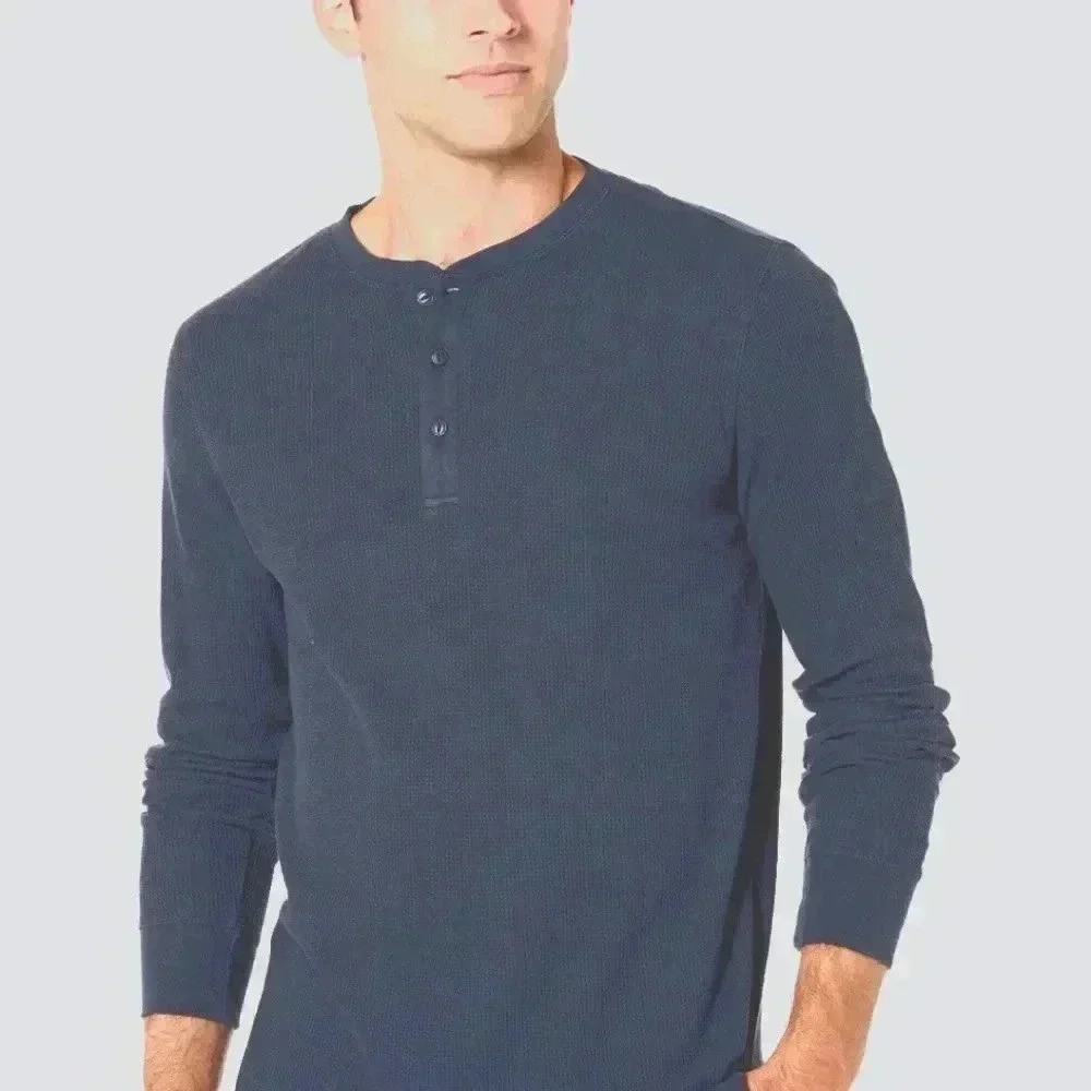 Mens long sleeved crew neck waffle shirt with 4 buttons.